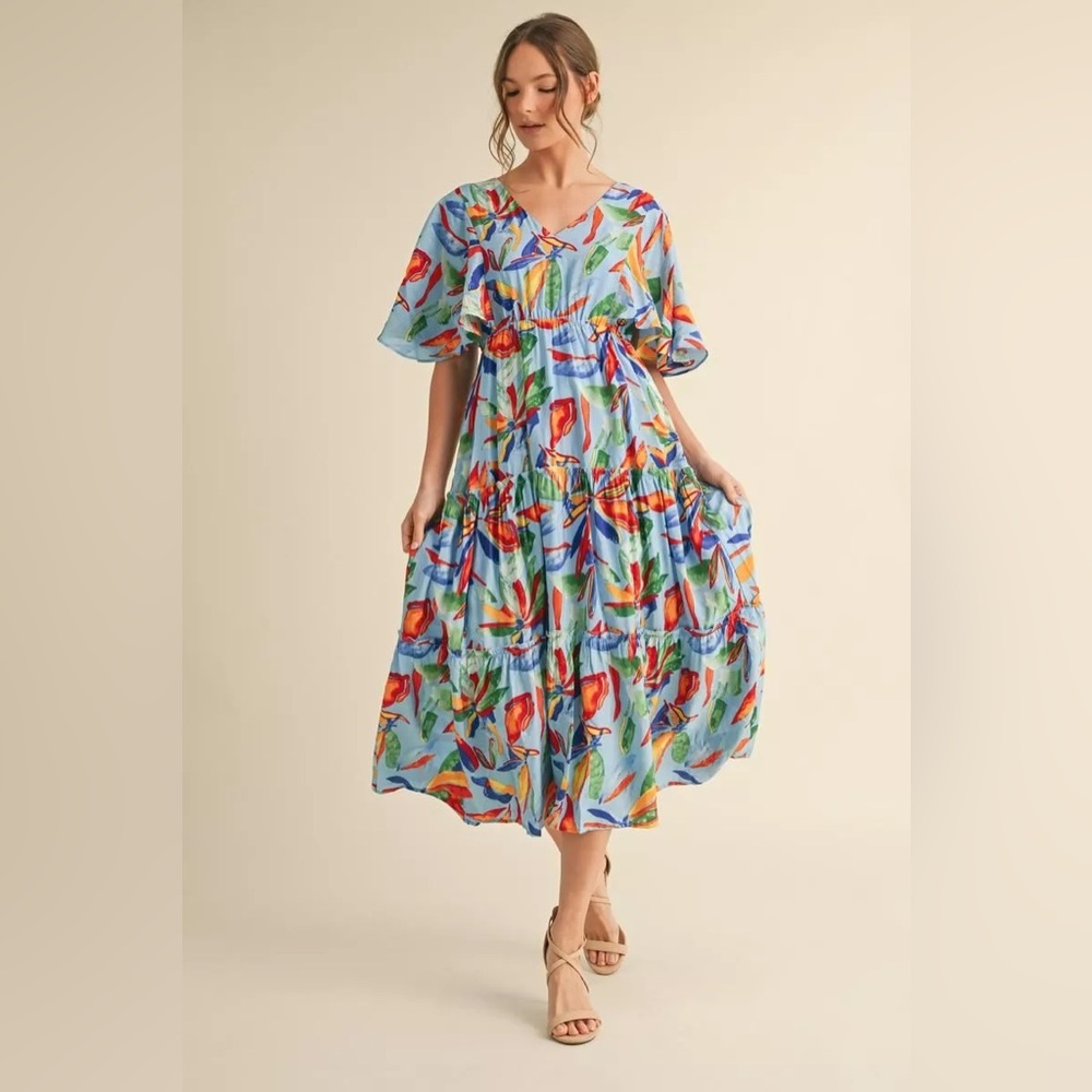 #43 V-Neck Blue Tropical Print Midi Dress - Picture 3 of 3